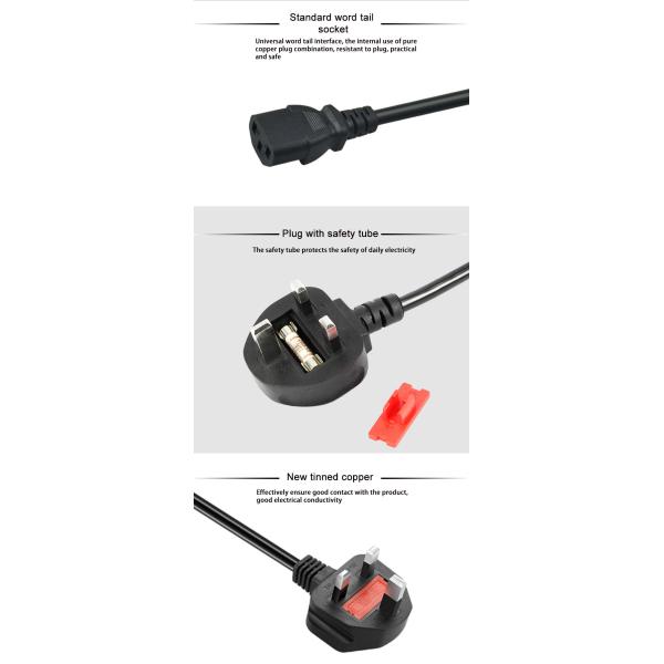 Low Voltage UK Power Cord 3 Pin Plug For PC Computer Customized Length