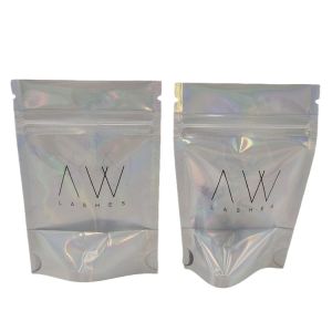 China Custom Holographic Aluminum Foil Clear Front Zipper Mylar Bags Smell Proof Resealable Plastic Packaging Bag on sale