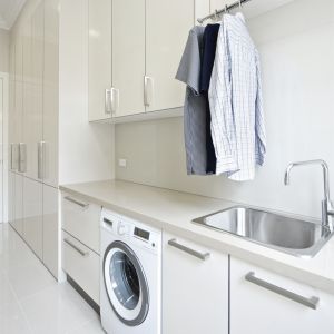 Buy cheap Glossy White Lacquer Laundry Storage Cabinet Sink from wholesalers
