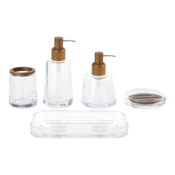 Buy cheap Round Shape Clear Glass Bathroom Accessories Set with Wood Part Soap Dispenser from wholesalers