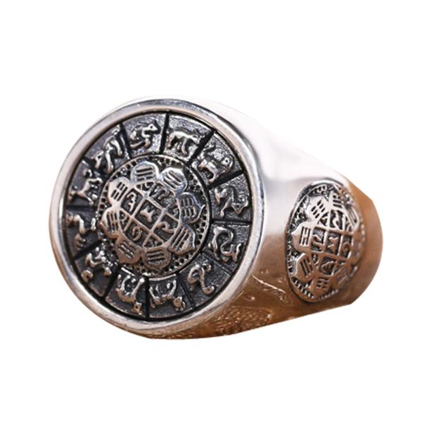 Quality Men Sterling Silver Engraved Chinese Zodiac Retro 925 Silver Ring (059886S) for sale
