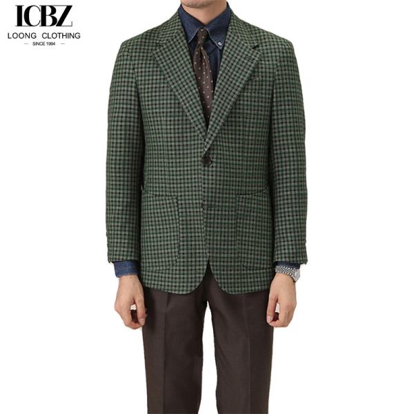 Quality Polyester/Rayon Fabric Men's Suit Retro Single Breasted No Ironing Needed Green Plaid for sale