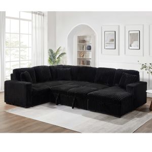 Buy cheap U-Shaped Sectional Sleeper Sofa with Pull Out Bed and Storage Chaise Lounge and USB Charging Port, Black Corduroy Fabric from wholesalers