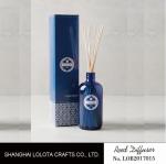 Buy cheap transparent blue color reed diffuser with natural stick and pattern folding box from wholesalers