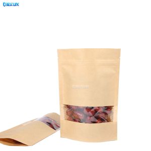 China Plain Kraft Waterproof Zip-lock Standing Pouch Brown Paper Bags with Clear Window on sale