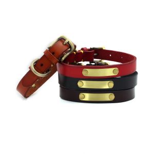 Custom Handmade Cattlehide Dog Collar Leather with Bronze Metal Plate Can Be