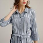 Buy cheap 3/4 Sleeve Butto Down Linen One Piece Dress Blue White Striped With Belt from wholesalers