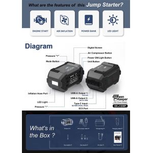 18W Total Output Car Booster Power Bank Jump Starter with Air Compressor and LED
