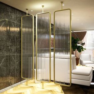 Collapsible Rotatable 3 Panel Metal Room Divider With Art Glass