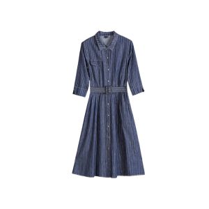 100% Cotton Belted Denim Dress Stripe Denim Button Through Long Skirt Indigo