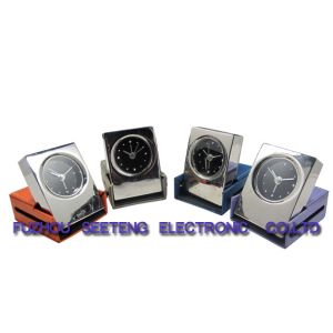 Folding square leather travel table alarm clock with metal case material