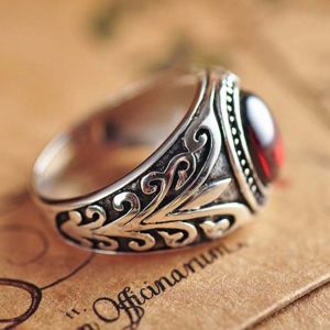 Mens Sterling Silver Retro Ring with Oval Created Garnet (XH037009RED)
