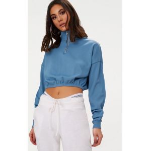 Buy cheap Zip front crop sweater long sleeves blue from wholesalers
