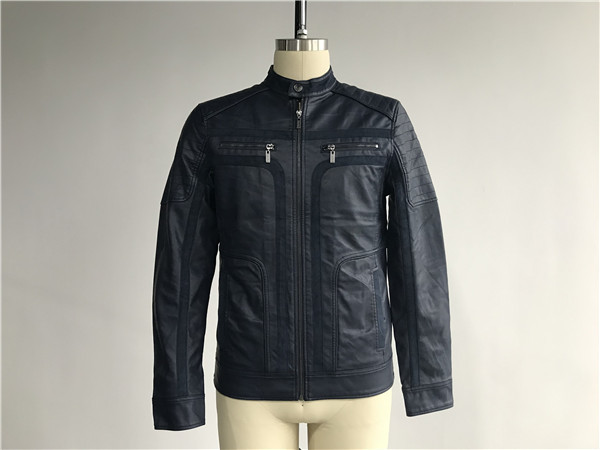 Quality Navy Upstyled Mens PU Jacket , Faux Leather Biker Jacket With Suede Detail TW75530 for sale