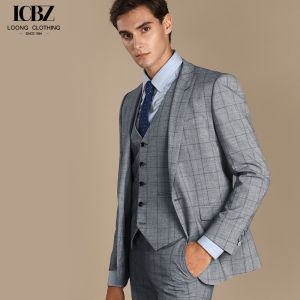 Buy cheap Gray Plaid Vintage Formal Suit for Men's Wedding Wool/Silk Material Woven Weaving Method from wholesalers
