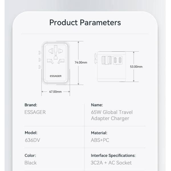 Essager 2023 Travel New Product Phone Accessories Quick Charging 3 USB-C 2 USB-A Portable Travel 65w Charger