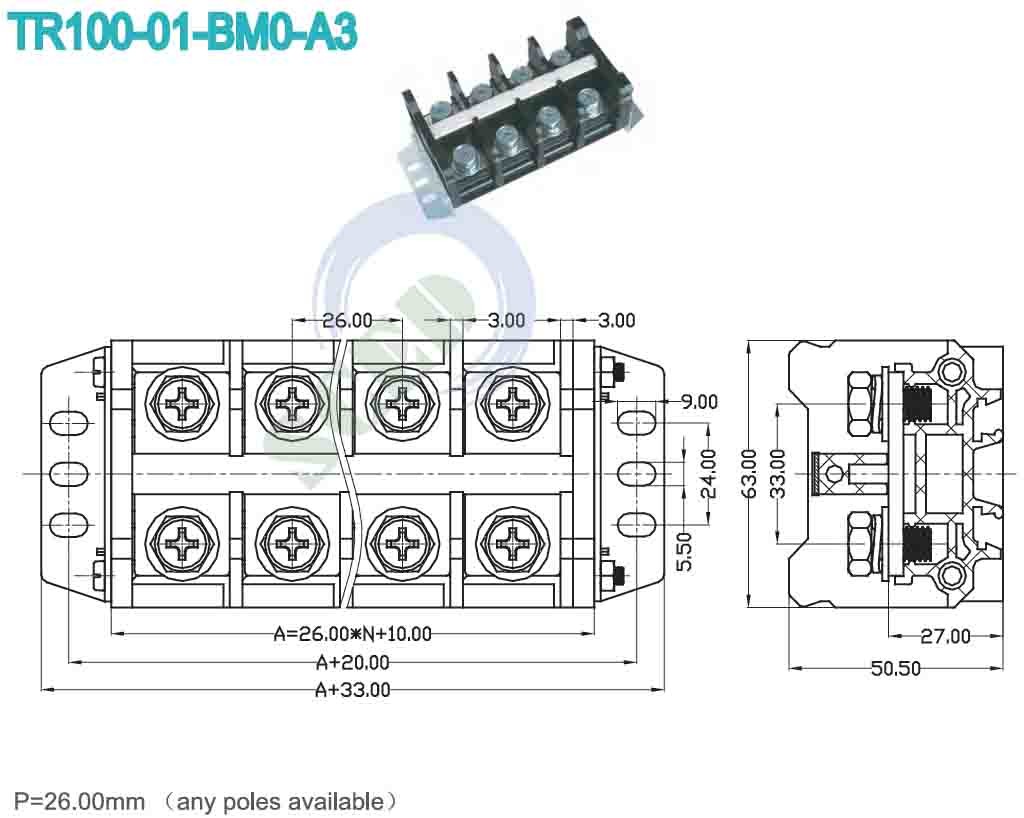 Buy cheap 600V 101A Black PCB High Current Terminal Block For Server Site 26.00mm M8 Screw from wholesalers