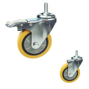 China 125x32mm Yellow PU Swivel Locking Threaded Stem Medium Duty Casters on sale