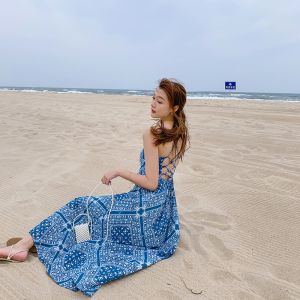 Buy cheap Blue Back Tie Halter Strap 104cm Bohemian Beach Dress from wholesalers