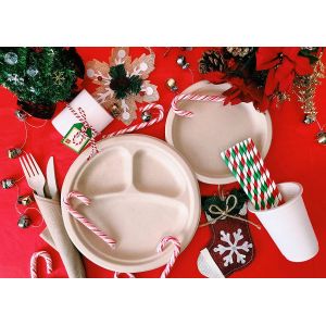 Round Bagasse 3 Compartments Compostable Plate Disposable Sugarcane Plates