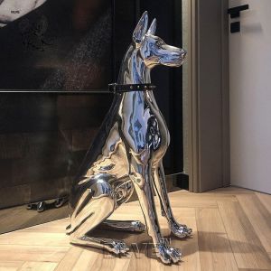 China BLVE Stainless Steel Life Size Guard Doberman Dog Statues Sculpture Modern Art Shiny Metal Indoor Home Decoration on sale