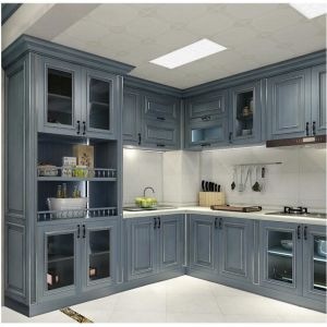 Buy cheap Modern Modular Kitchen Cabinets With Glass Door Upper Cabinet And Light Blue Color Finish from wholesalers