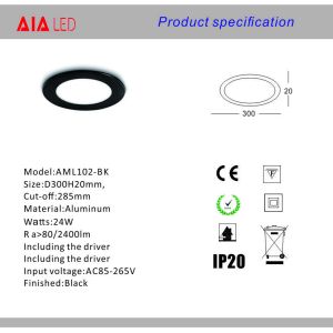Round Black AC85-265V recessed IP20 18W ultrathin LED Panel light