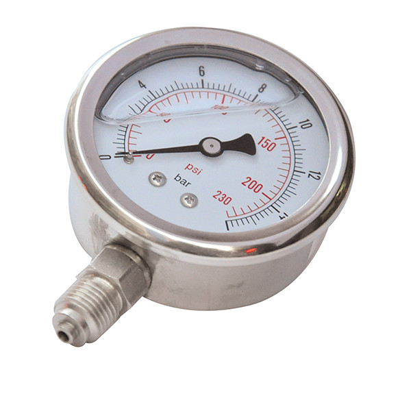 Quality 2-1/2 inch liuqid fillled Pressure Gauge, glycerine, silicone oil, stainless steel, 0-230 psi/bar, 1/4 BSP lower mount, for sale
