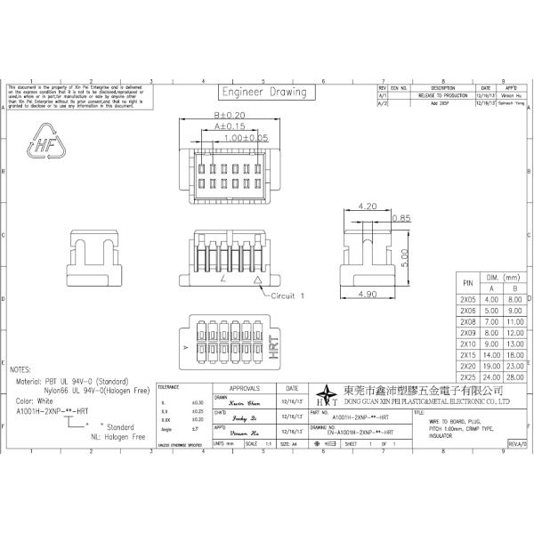 1.00mm pitch wire to board connector single dual row A1001series PBT or PA66 material for Laptop
