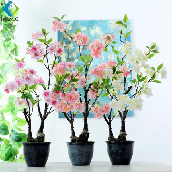 Quality Cherry Blossom Artificial Potted Plants , Peach Flower Fake Bonsai Plants for sale