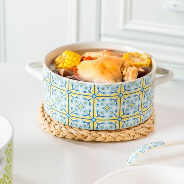 Quality Porcelain Bohemia Double Grips Noodle Salad Bowl With Licharmserware Soup Noodle Bowl Set Ceramic Soup Pot Customized CL for sale