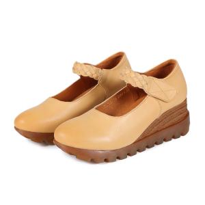 Buy cheap S288 New Style Genuine Leather Thick-Soled Slope Heel Spring Shoes Factory Direct Sales Pure Color Simple Leather Ethnic from wholesalers