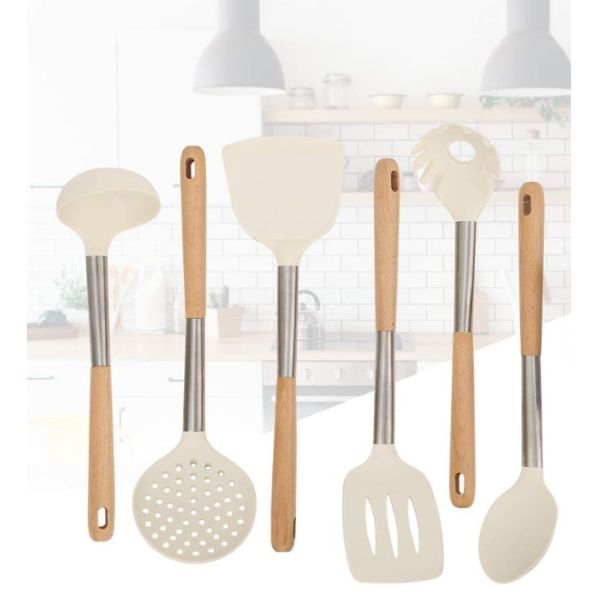 6 piece Wood And Silicone Utensil Set ODM Available scratchfree