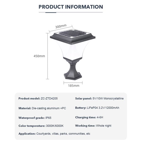 Intelligent Solar Pillar Light IP65 Water Resistant Multipurpose