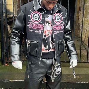 Buy cheap Vintage Leather Tracksuit Mens Zip Up Retro Multiple Pockets Letter Embroidery Bomber Jacket from wholesalers