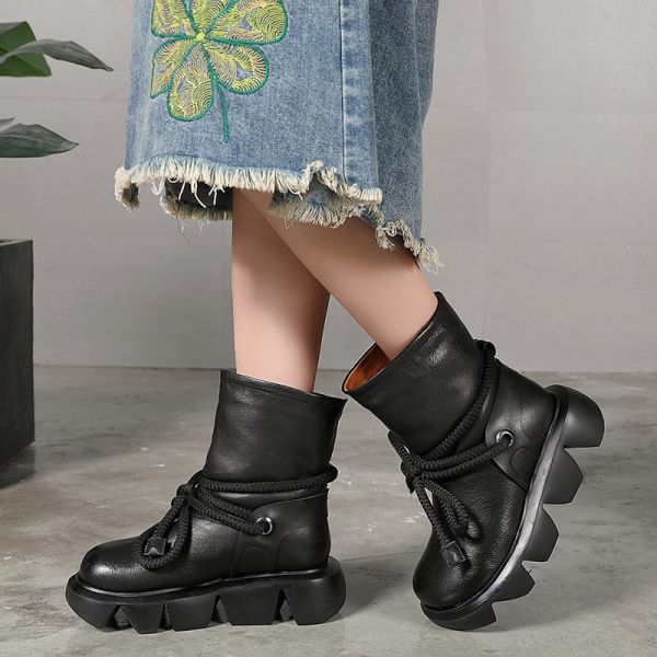 Quality S236 Retro short boots handmade leather thick-soled warm women's shoes autumn and winter thickened woolen shoes for sale