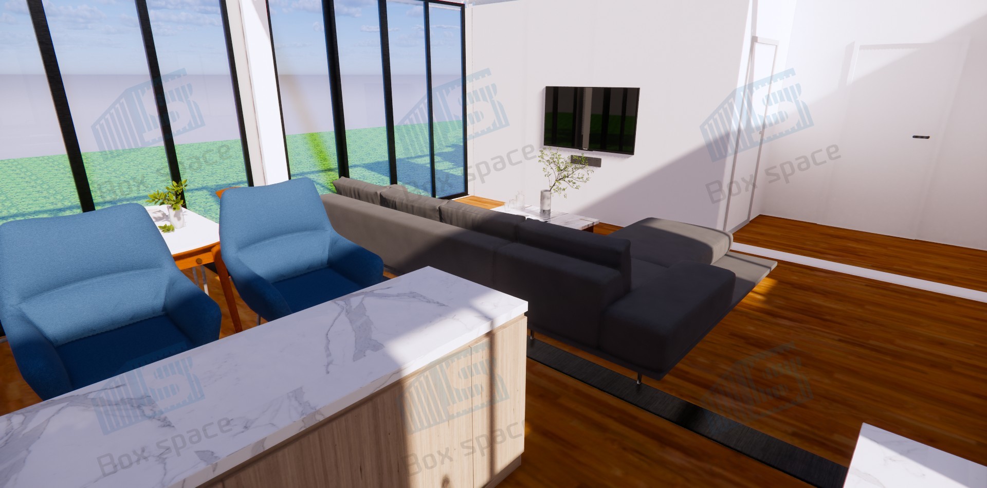 Buy cheap Boxspace 12x6m Container Home 72㎡ Modular House 2 Bedrooms And 2 Bathrooms Prefab Houses With Glass Walls For Back Yard from wholesalers