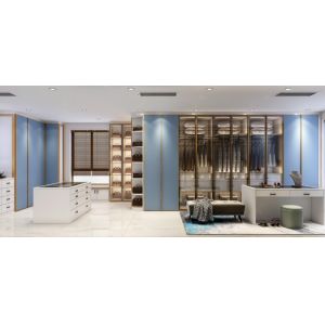 Blue Walk In Closet With Integrated Central Island Seamless Functionality