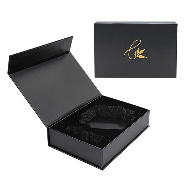Custom Black Matte Stamped Gold Logo Magnetic Gift Jewelry Paper Box With Foam