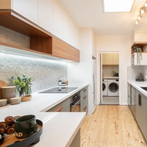 Buy cheap Stylish Celadon Color Lacquer Kitchen Floor Cabinet With Wooden Texture Wall Cabinet from wholesalers