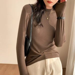 Buy cheap                  2023 Long-Sleeved Tight T-Shirt Spring and Autumn Thread Cotton Solid Color Suit Inside Take Half High Neck Women′s Top T-Shirt              from wholesalers