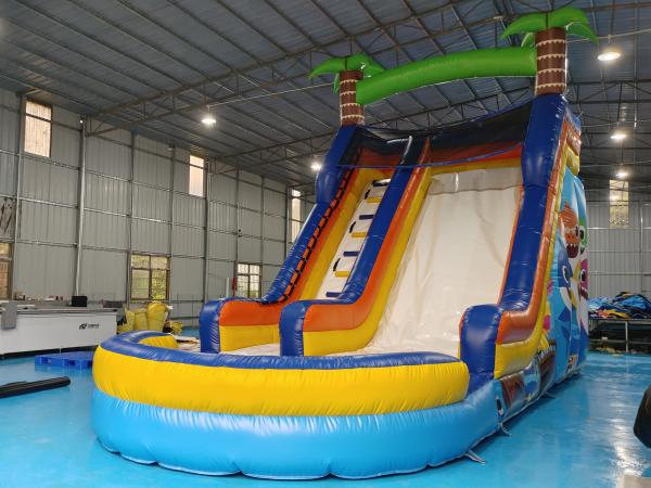 Quality PVC Commercial Inflatable Slides Tropical Palm Shake Baby Theme Inflatable Slide With Pool For Kids And Adults for sale