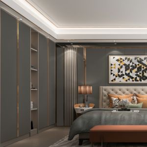 Buy cheap MJMHD CYLD-009 Modern Shaker Style Wardrobe Door | 22mm ENF Grade PVC Wrapped Panel w/ Aluminum Frame | Custom Size Grey & Gold Flat Panel Cabinet Door​ from wholesalers