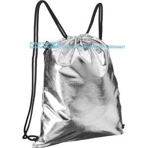 Metallic Backpack, Soft Iridescent PU Drawstring Backpack Silver PU Drawstring