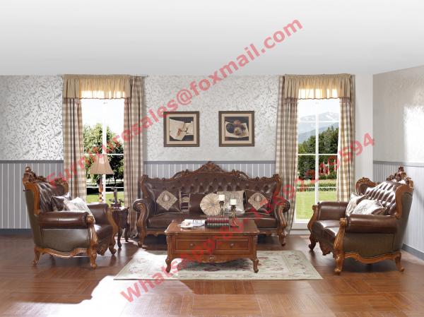 Quality European Classic Solid Wooden Carving Frame with Italy Leather Upholstery Sofa Set for sale