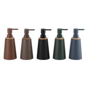 Buy cheap Polyresin Bath Accessories Sets Round Taper Shape With Wood Part Soap Dish For Bathroom Hand Soap Bottle Toothbrush Tumbler from wholesalers