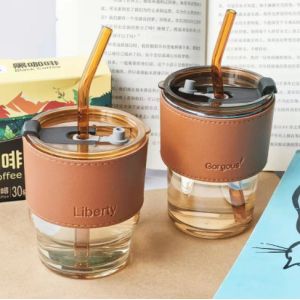 Buy cheap 450ml Leather Glass Water Bottle With Glass Straw from wholesalers