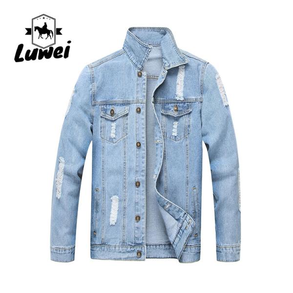 Fashion Designer Casual Polyester Cotton Utility Lapel Button Slim Fit Mens Outdoor Streetwear Hole Denim Jacket
