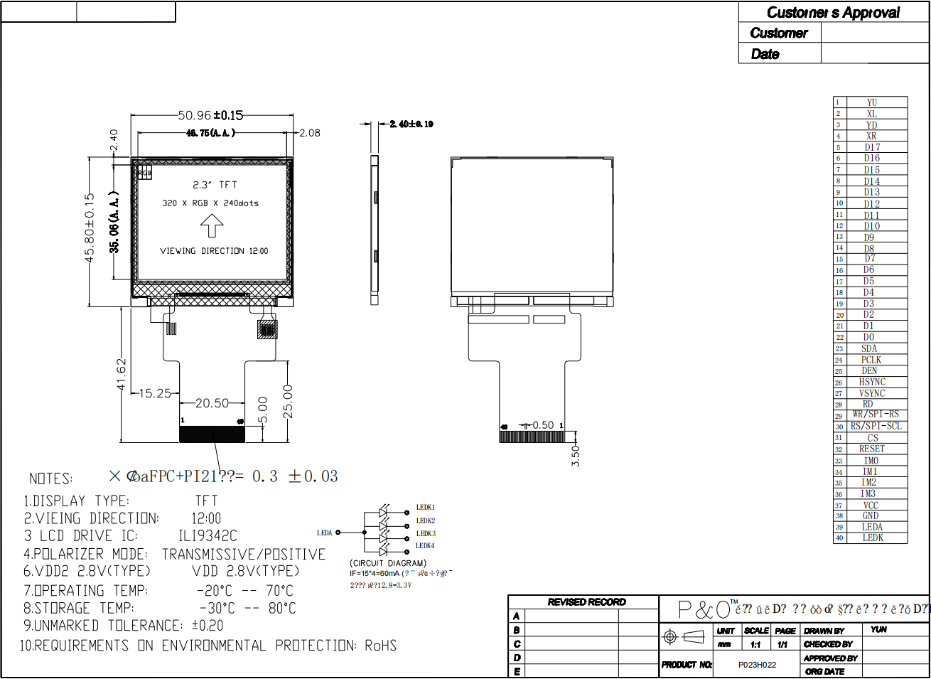 Polcd 320X240 2.31 Inch LCD RGB 18 Bit Medical LCD Display P023H022