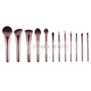 China Personized 12PCS Vegan Synthetic Hair Makeup Brushes Rose Gold Ferrule on sale
